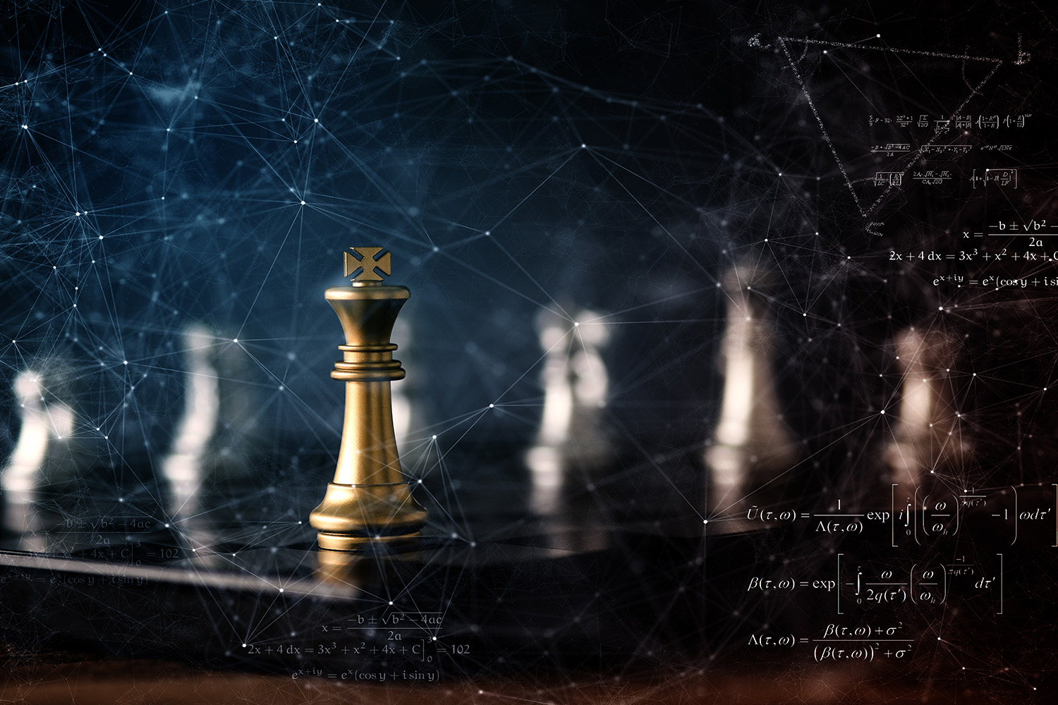 Chess pieces on a dark background with faint mathematical formulas written on it