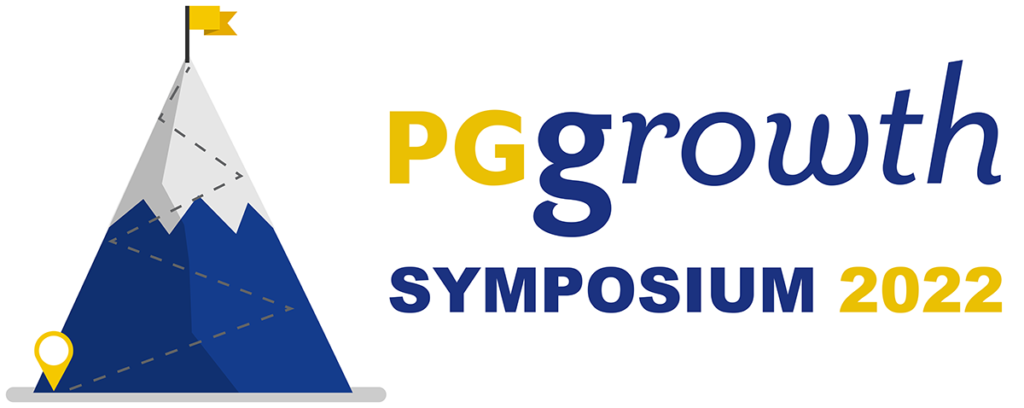 An icon of a mountain with a starting marker, a path leading up the mountain, and a flag at the top, with the words "PGgrowth Symposium 2022" to the right